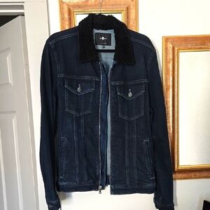 7 For All Mankind Men's Black Faux Fur Collar Denim Trucker Jacket